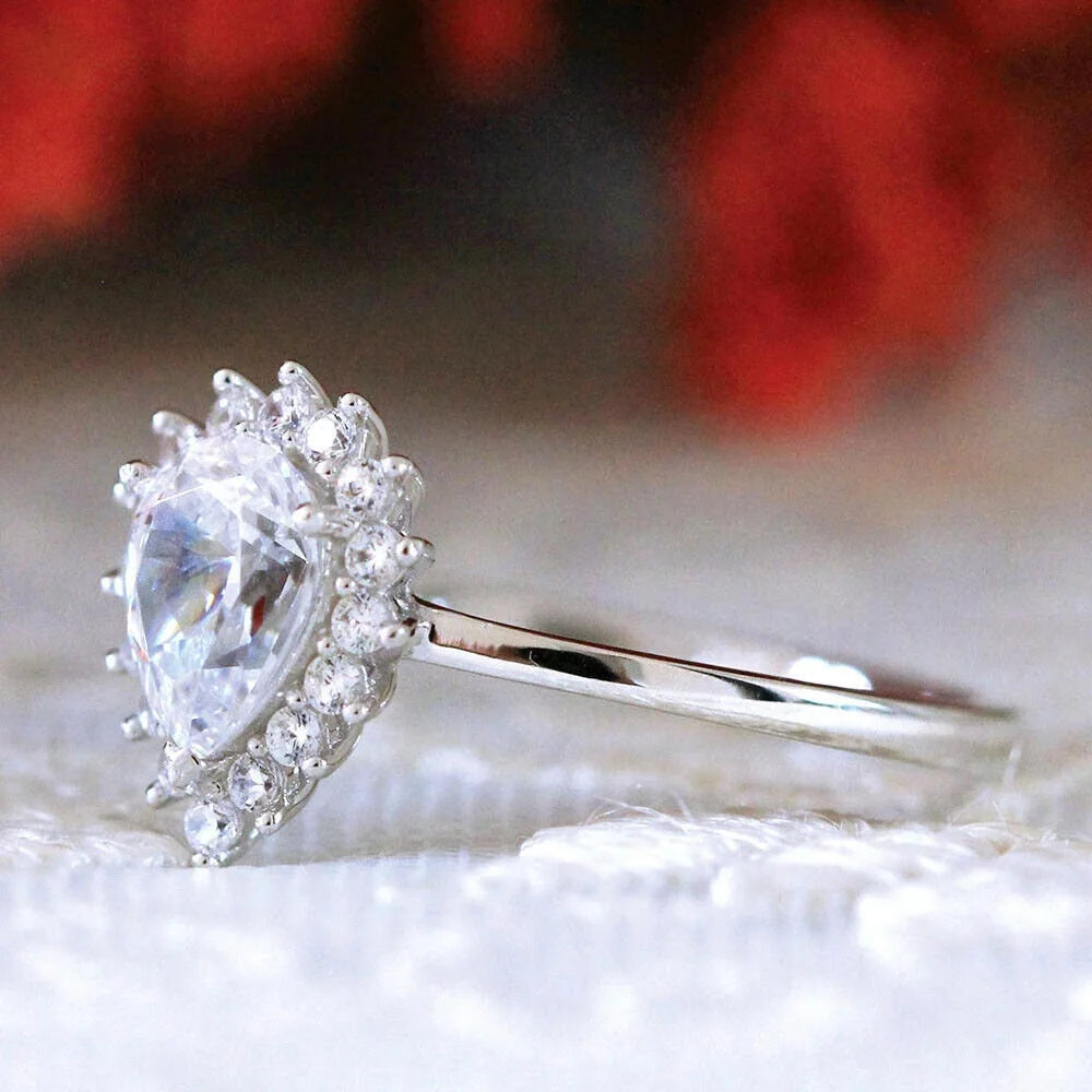 Pear Shape Moissanite Solitaire Engagement Ring, 18K White Gold Plated / 925 Sterling Silver Ring J402