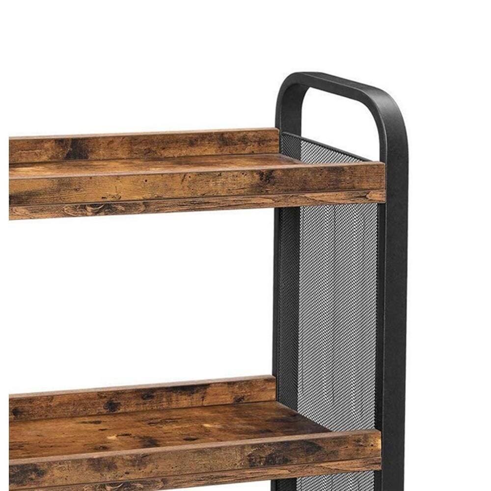 3 Tier Wood and Metal Kitchen Cart with Mesh Side Panel, Brown and Black Y28192