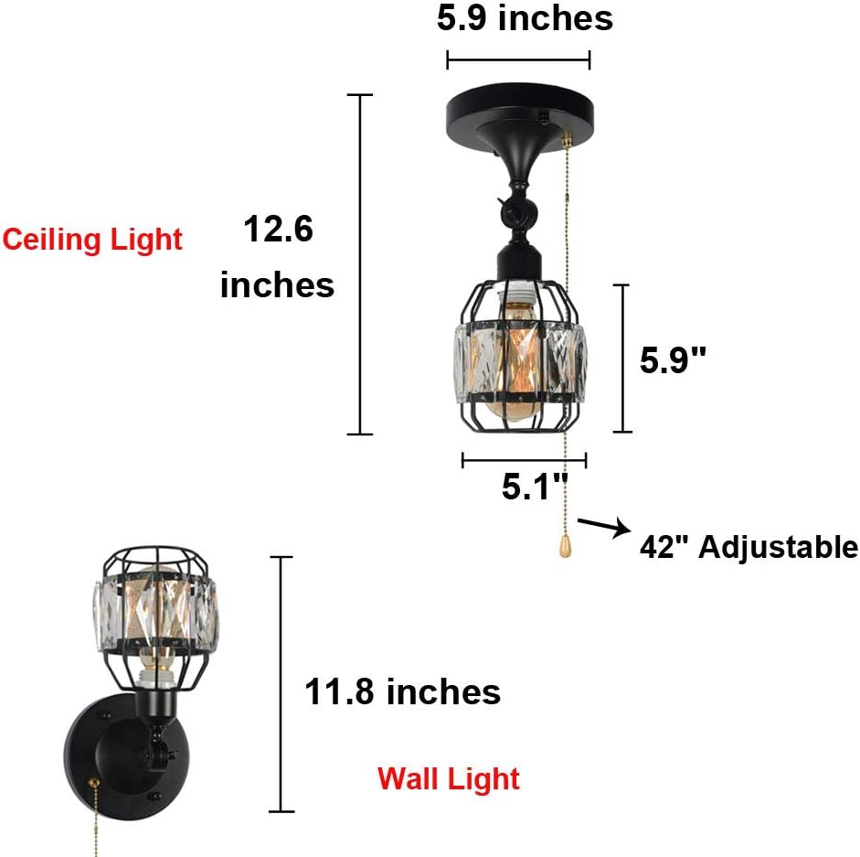 Black Metal Round Semi Flush Mount Ceiling Light with Pull Chain 3 Lights E26 J131