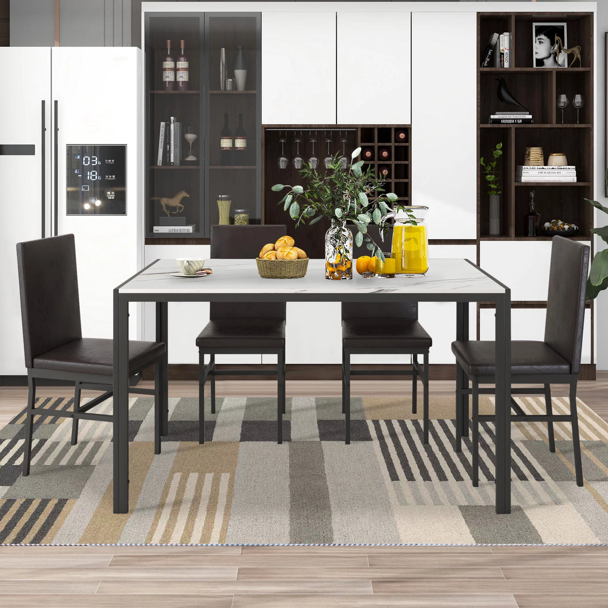 5-Piece Faux Marble Top Velvet Dining Table Set O6607