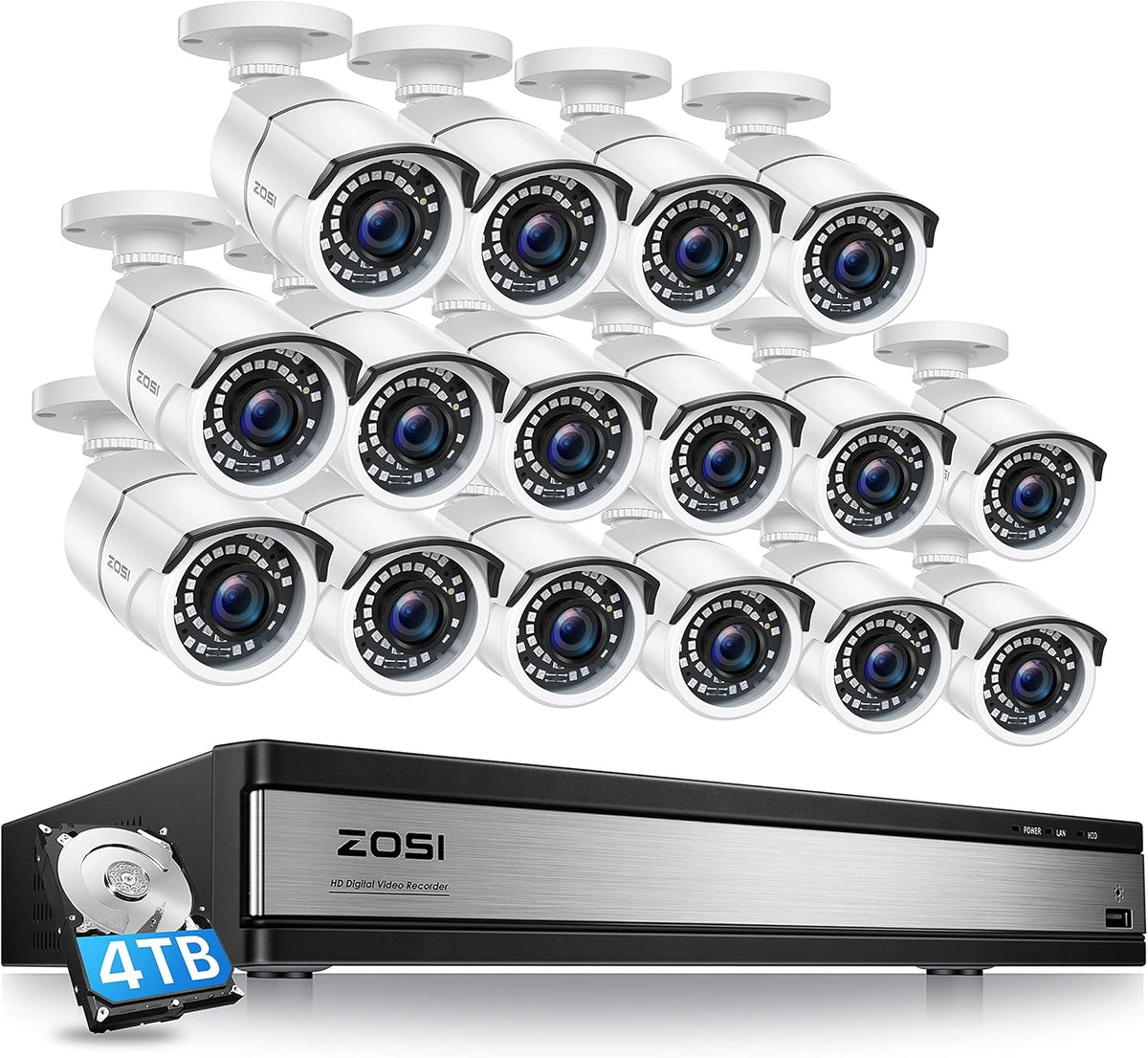 16 Channel 4in1 DVR Security Camera System with 4TB Hard Drive and 16 x 1080p CCTV Bullet Camera J8135