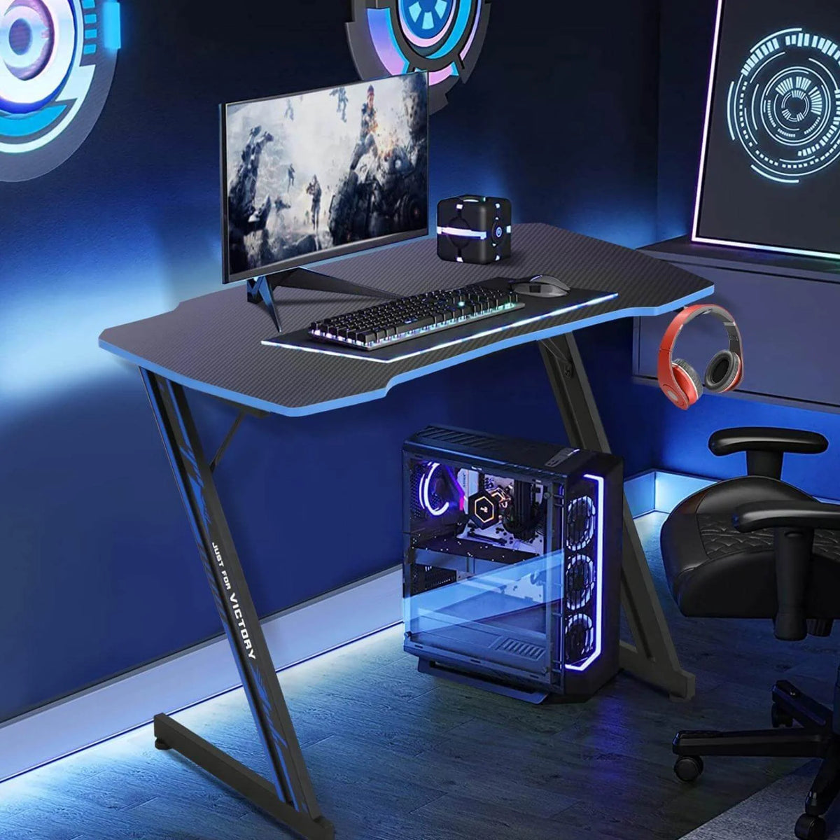 39.4 inch Blue Z-Shaped Gaming Desk with Headphone Hook Z89872