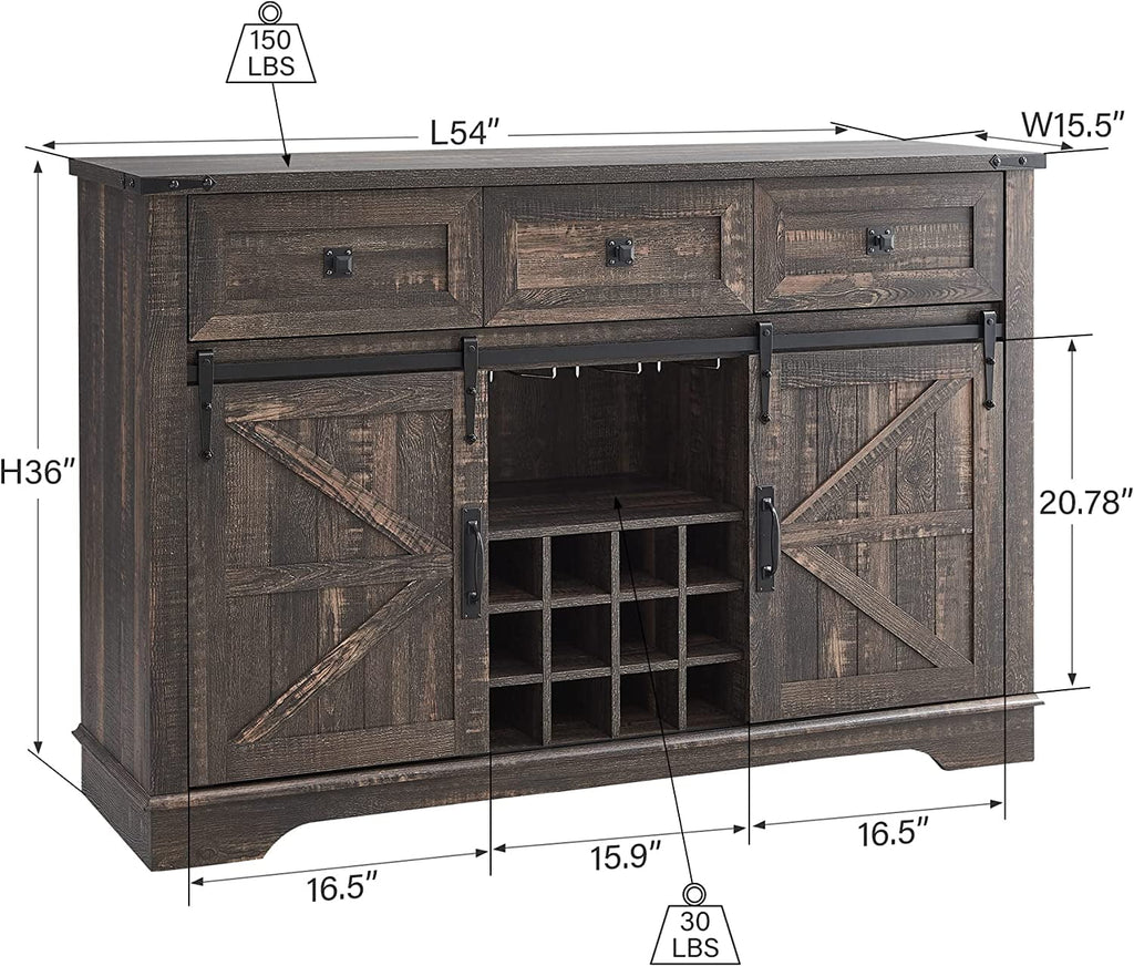 Dark Rustic Oak Coffee Bar Cabinet Sideboard Buffet with Wine and Glass Rack, Drawers, Storage Shelves X461280