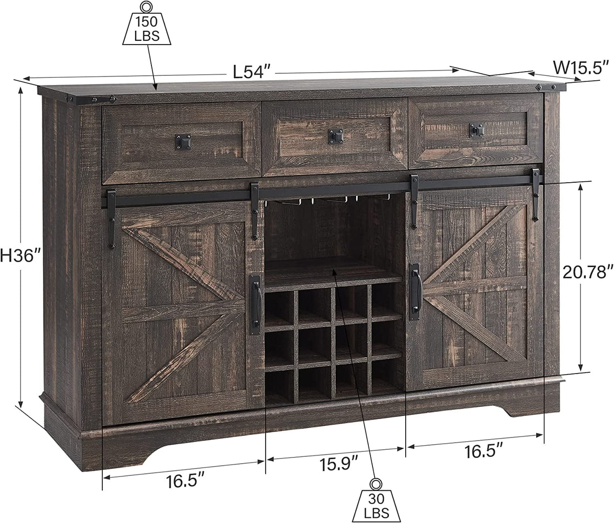 Dark Rustic Oak Coffee Bar Cabinet Sideboard Buffet with Wine and Glass Rack, Drawers, Storage Shelves X461280