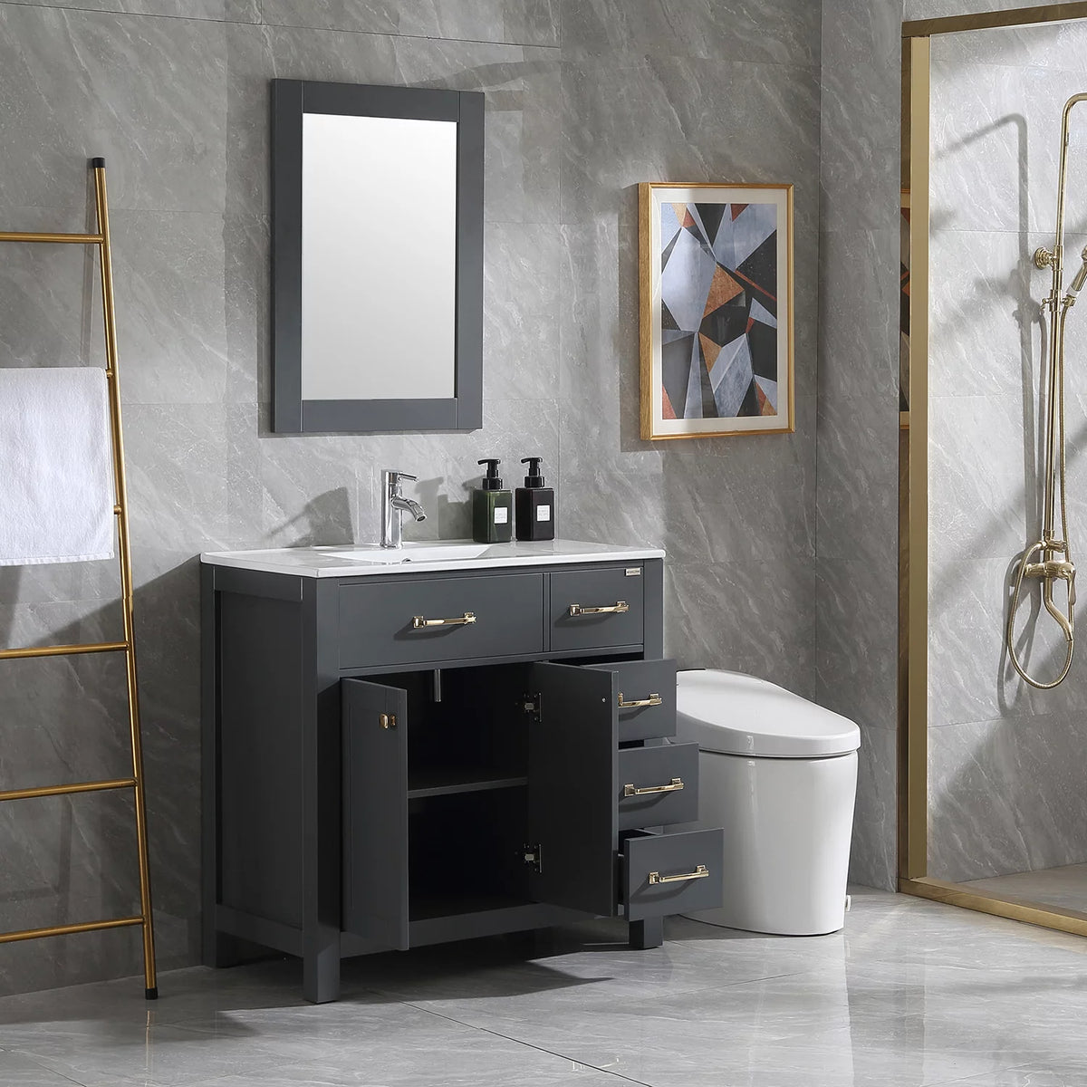 36" Gray Bathroom Vanity Cabinet with 2 Doors and 5 Drawers T927744