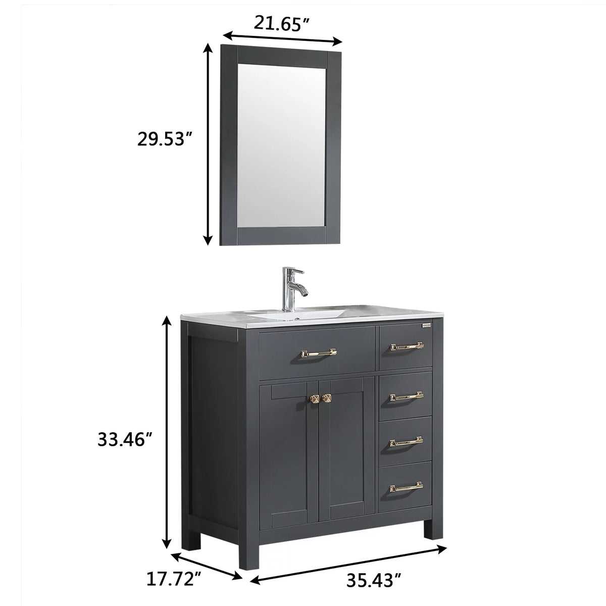 36" Gray Bathroom Vanity Cabinet with 2 Doors and 5 Drawers T927744