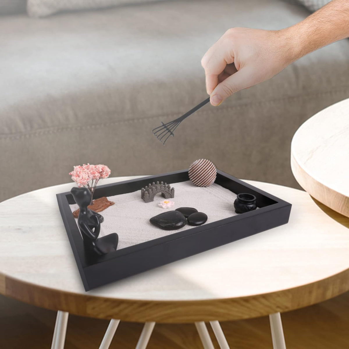 Zen Garden Desk Decor Set with Wooden Tray, White Sands, Rocks, Rake Tools, Pack of 2 F148