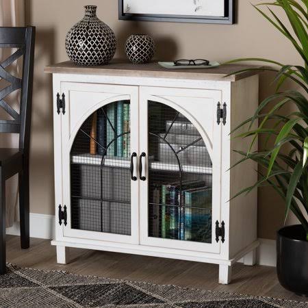 Two-Tone Distressed White and Oak Brown Wood 2-Door Storage Cabinet J1696