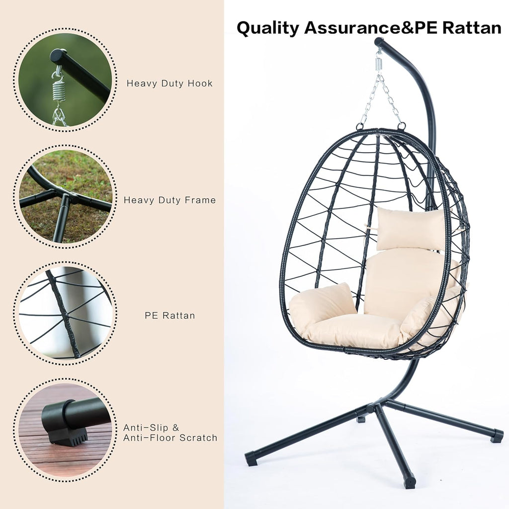 Egg Chair with Stand, Rattan Hanging Chair with Cushion O216