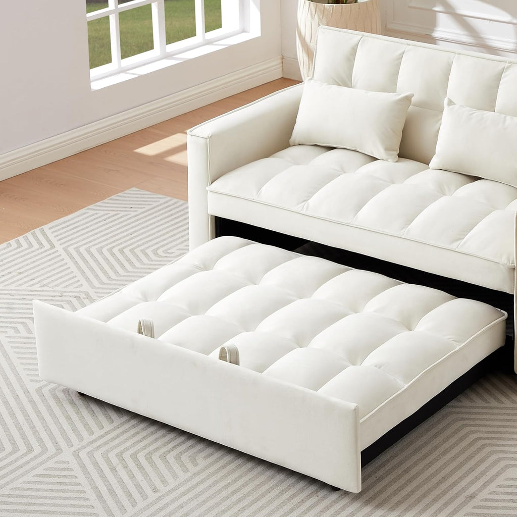 Ivory Velvet 2 Seater Convertible Loveseat Sleeper Sofa with Pull-Out Bed Q84581