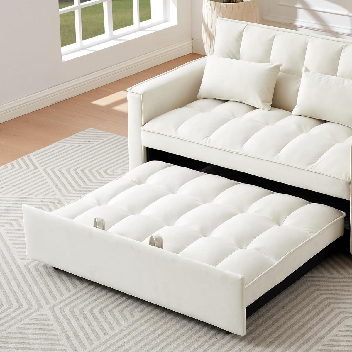 Ivory Velvet 2 Seater Convertible Loveseat Sleeper Sofa with Pull-Out Bed Q84581