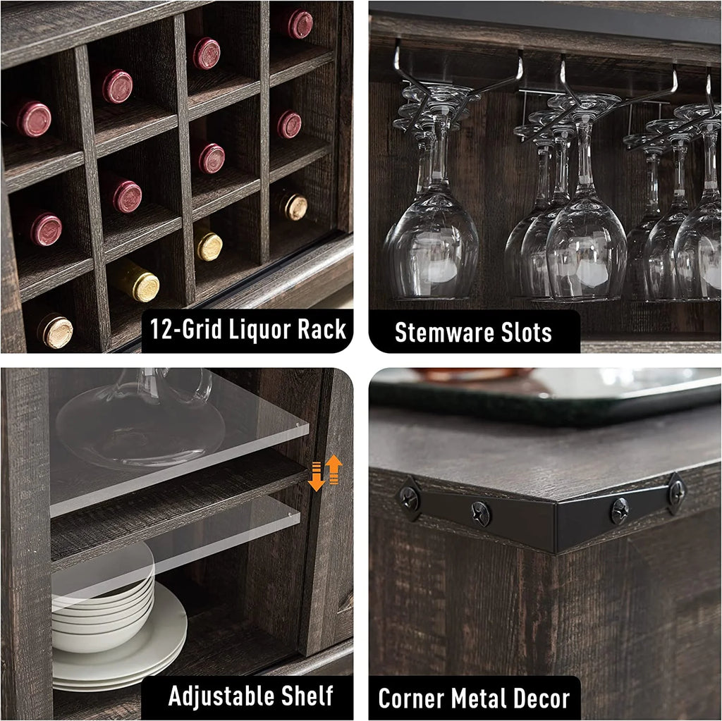 Dark Rustic Oak Coffee Bar Cabinet Sideboard Buffet with Wine and Glass Rack, Drawers, Storage Shelves X461280