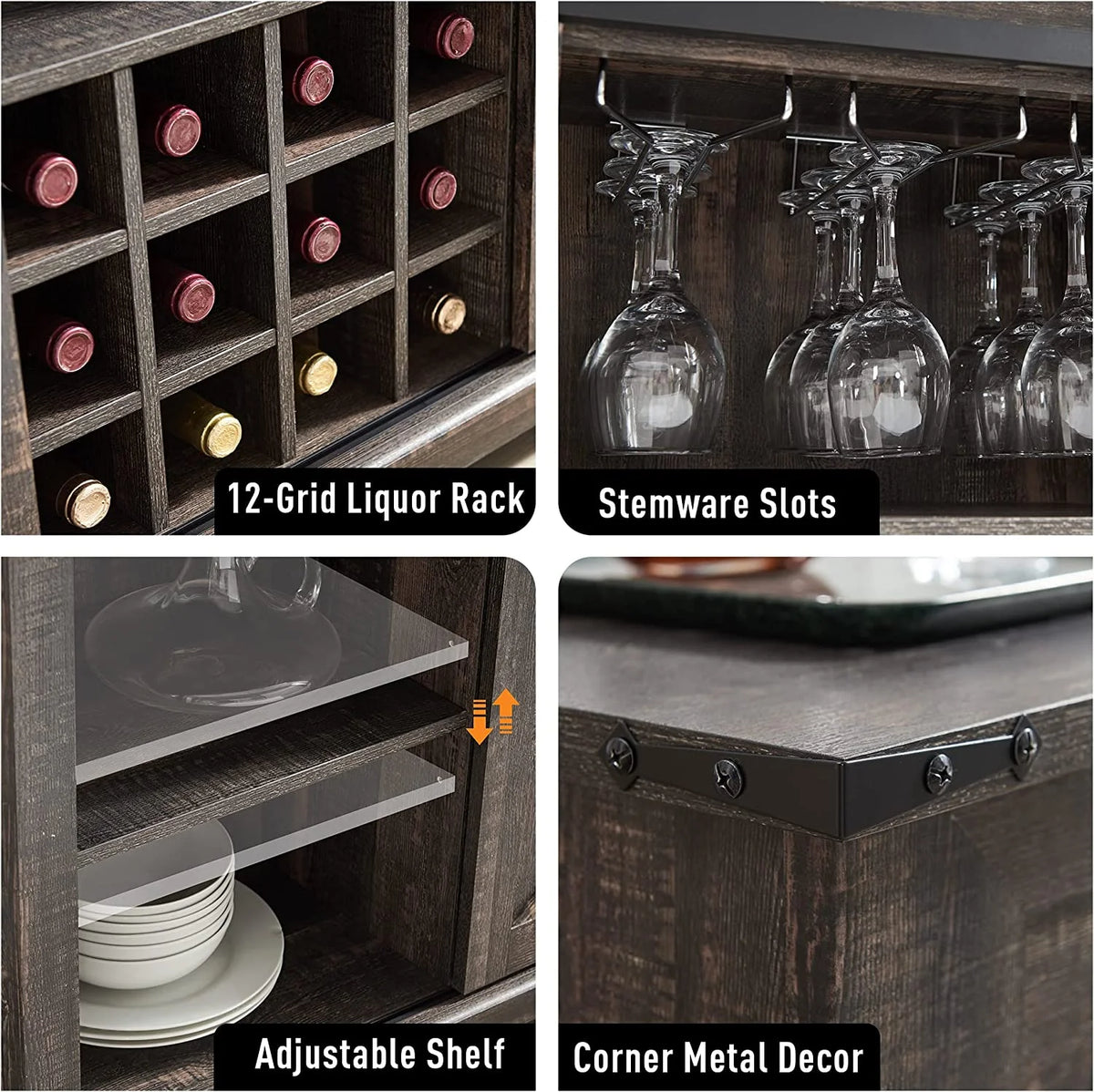 Dark Rustic Oak Coffee Bar Cabinet Sideboard Buffet with Wine and Glass Rack, Drawers, Storage Shelves X461280