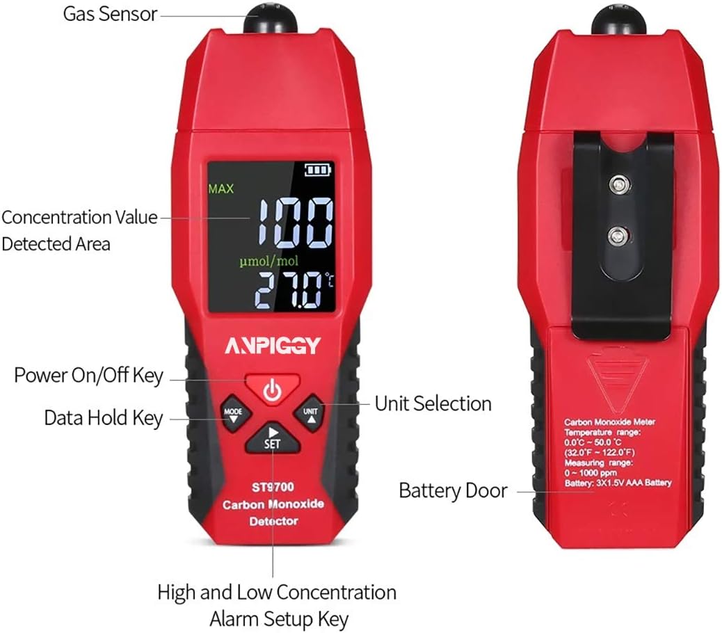 Handheld Carbon Monoxide Detector 0-1000ppm Pack of 2 W30983