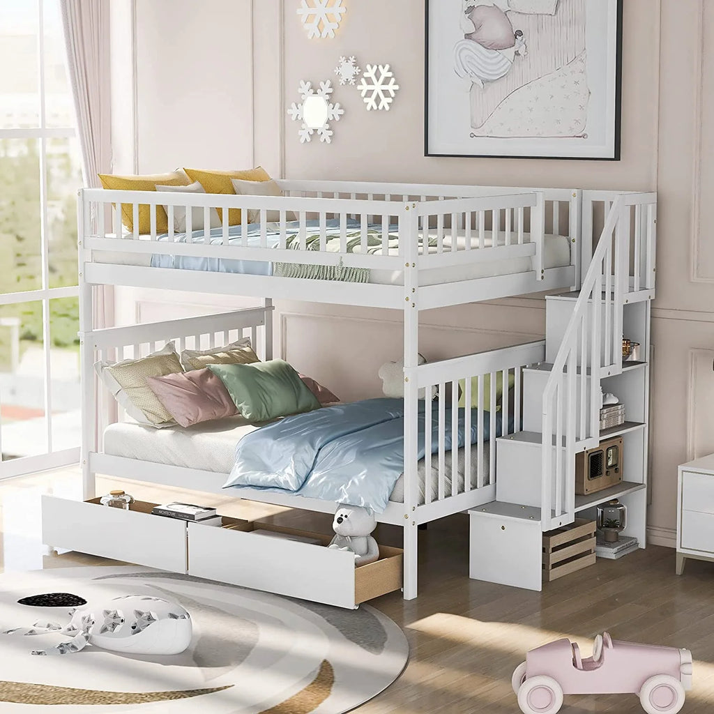 Full Over Full Solid Wood Bunk Bed with Stairs and Storage Drawers Z4076