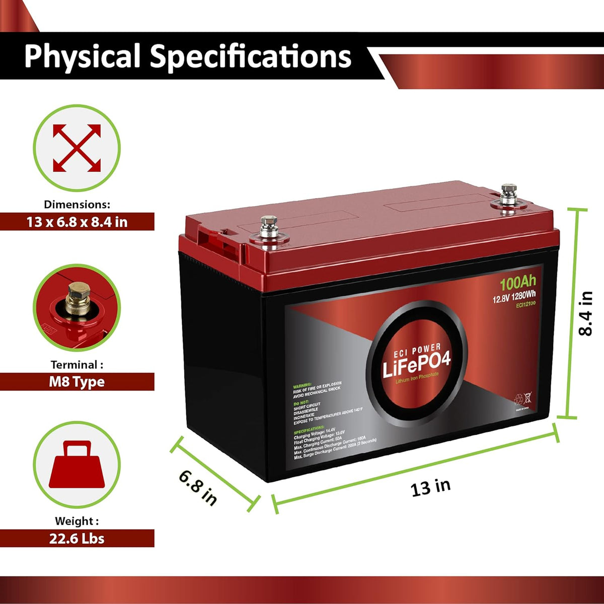 12V 100Ah Lithium LiFePO4 Deep Cycle Rechargeable Battery Y5991