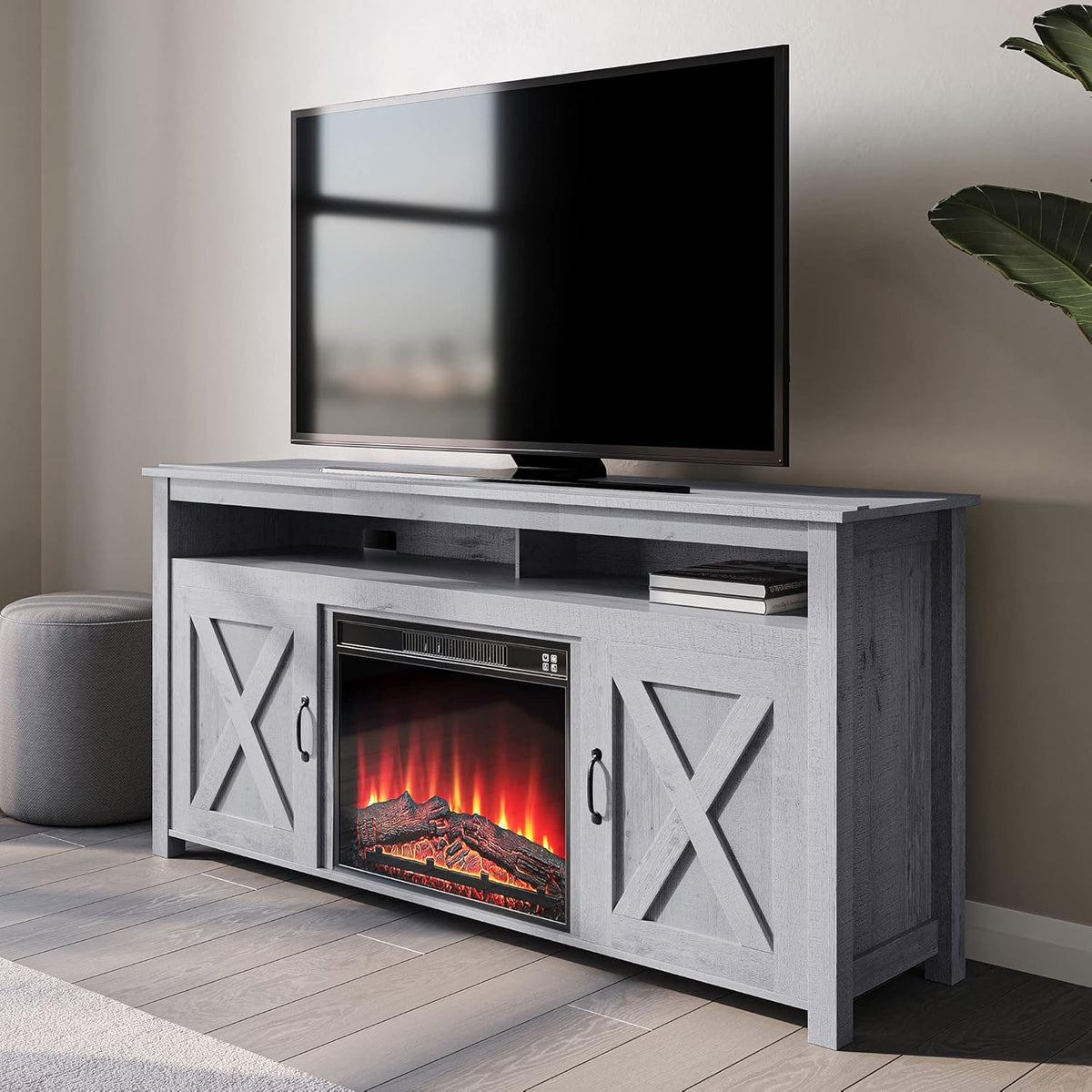 Barn Door Wood TV Stand & Media Console Table with Open Shelves and Cabinets K46514