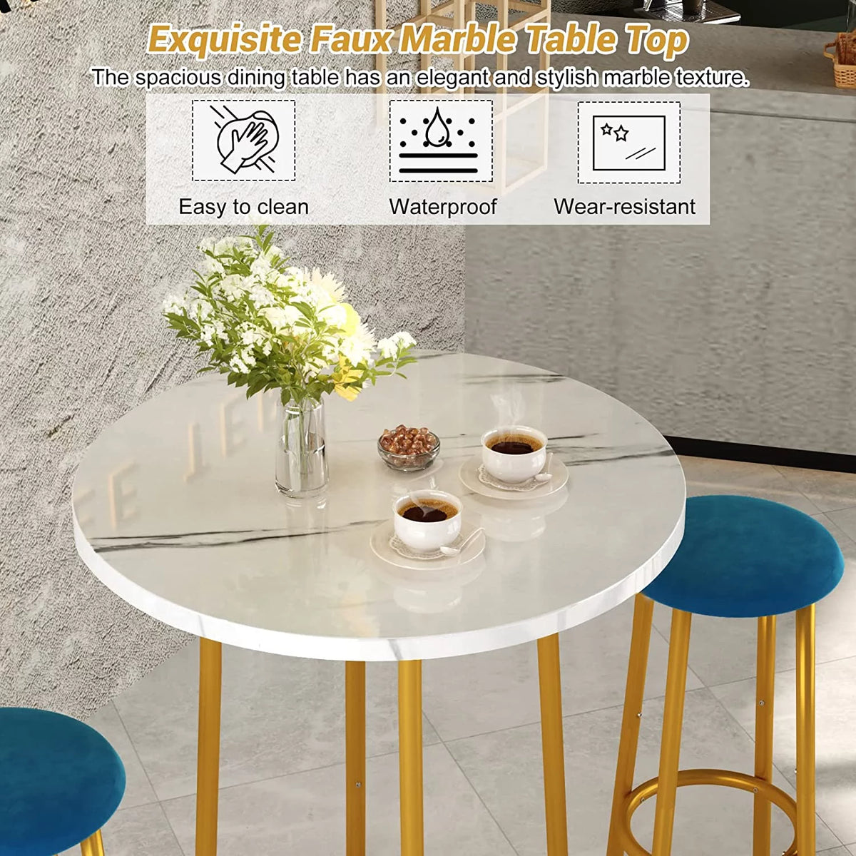 3 Pieces Round Faux Marble Bar Table and Chairs Set F84912