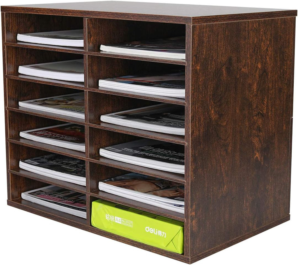 Retro Brown 12 Compartments Wood Desktop Literature Organizer U708604