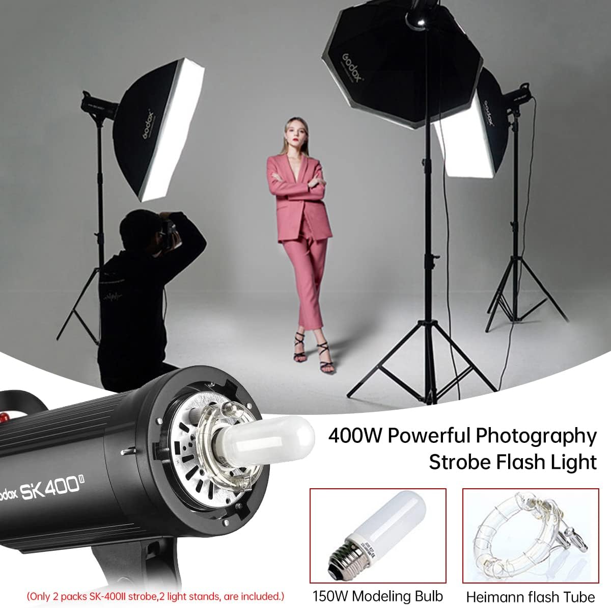 2-Pack 800Ws Photo Studio Strobe Flash Monolight Kit with Light Stands, Reflectors, Barndoor Kits T619055