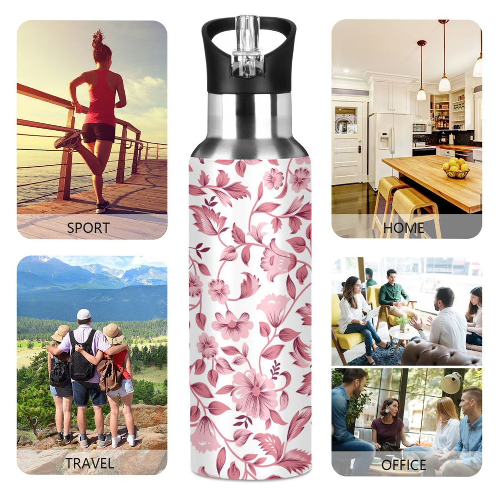 Pink Floral Insulated Stainless Steel Water Bottle with Straw Lid Leakproof 20 oz T97679