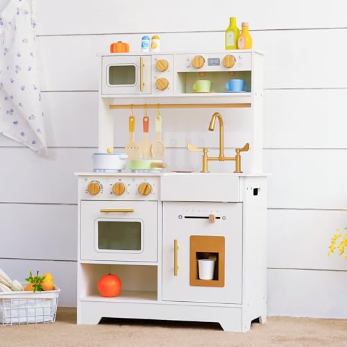 White Wooden Play Kitchen Set with Sink, Stove, Oven & Microwave H911868