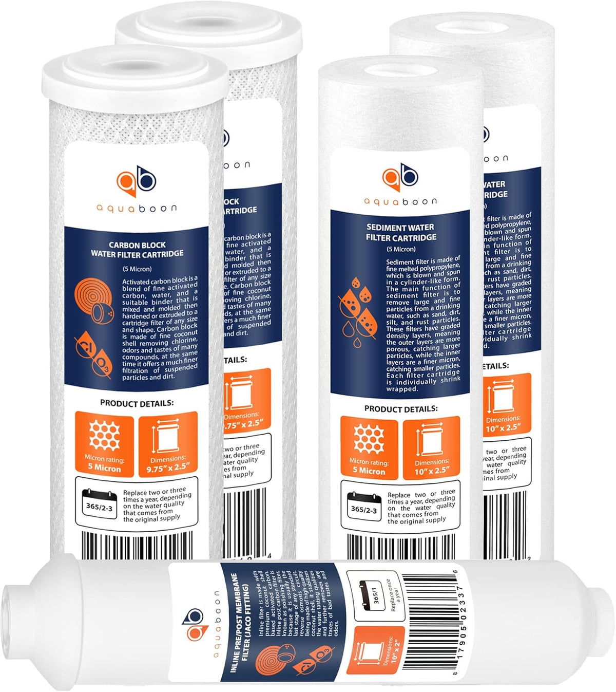 1 Year RO Units Replacement Filter Kit 5 PACK Carbon Sediment Inline 5 Micron 10 inch Cartridges Z34106