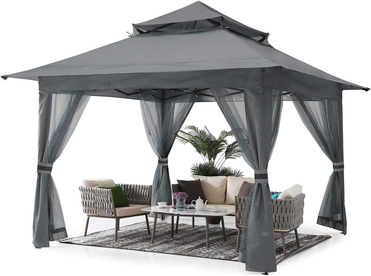 13'x13' Gray Pop up Gazebo Canopy with Mosquito Netting W58619