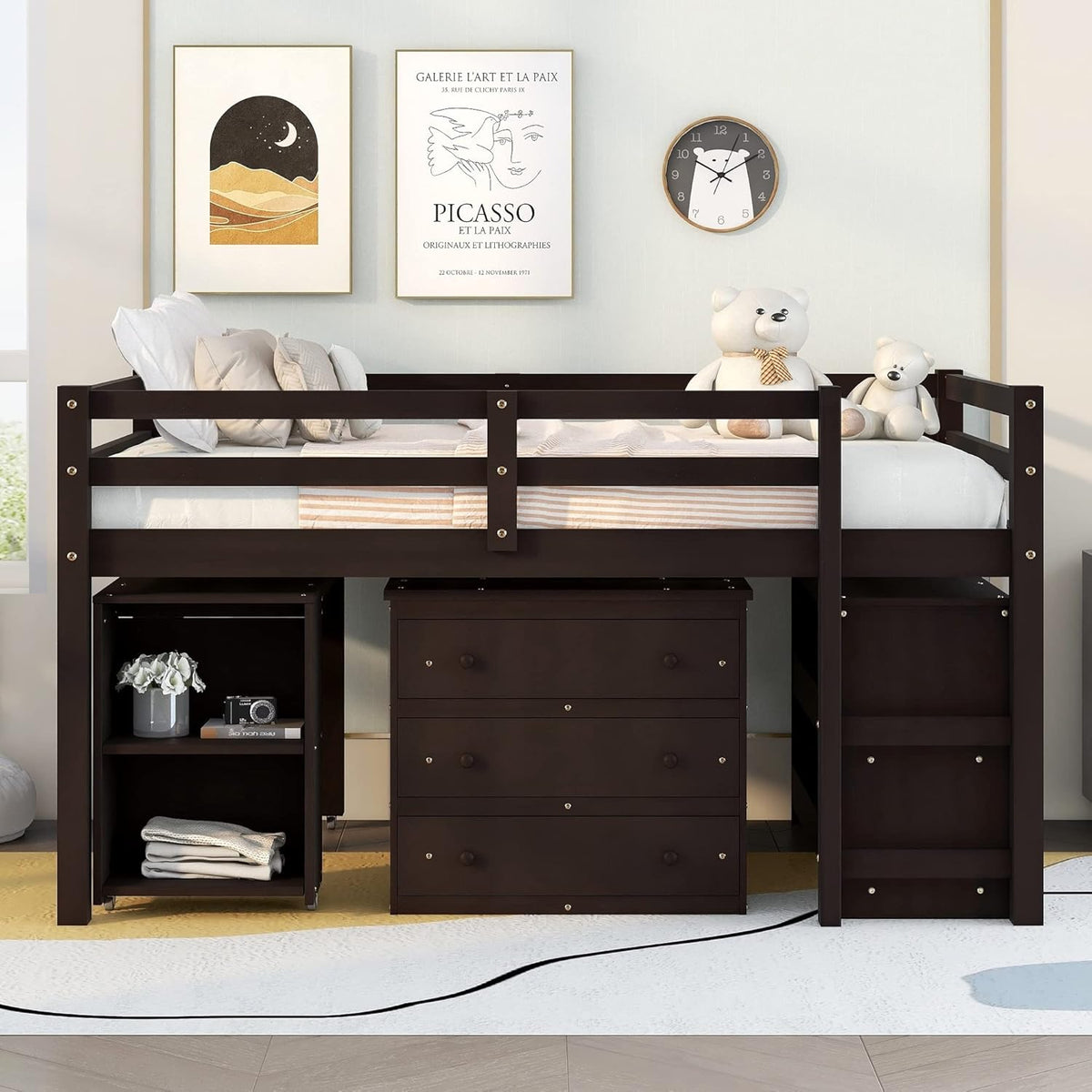 Full Size Low Loft Bed Wood with Storage Cabinet Desk Brown N6895