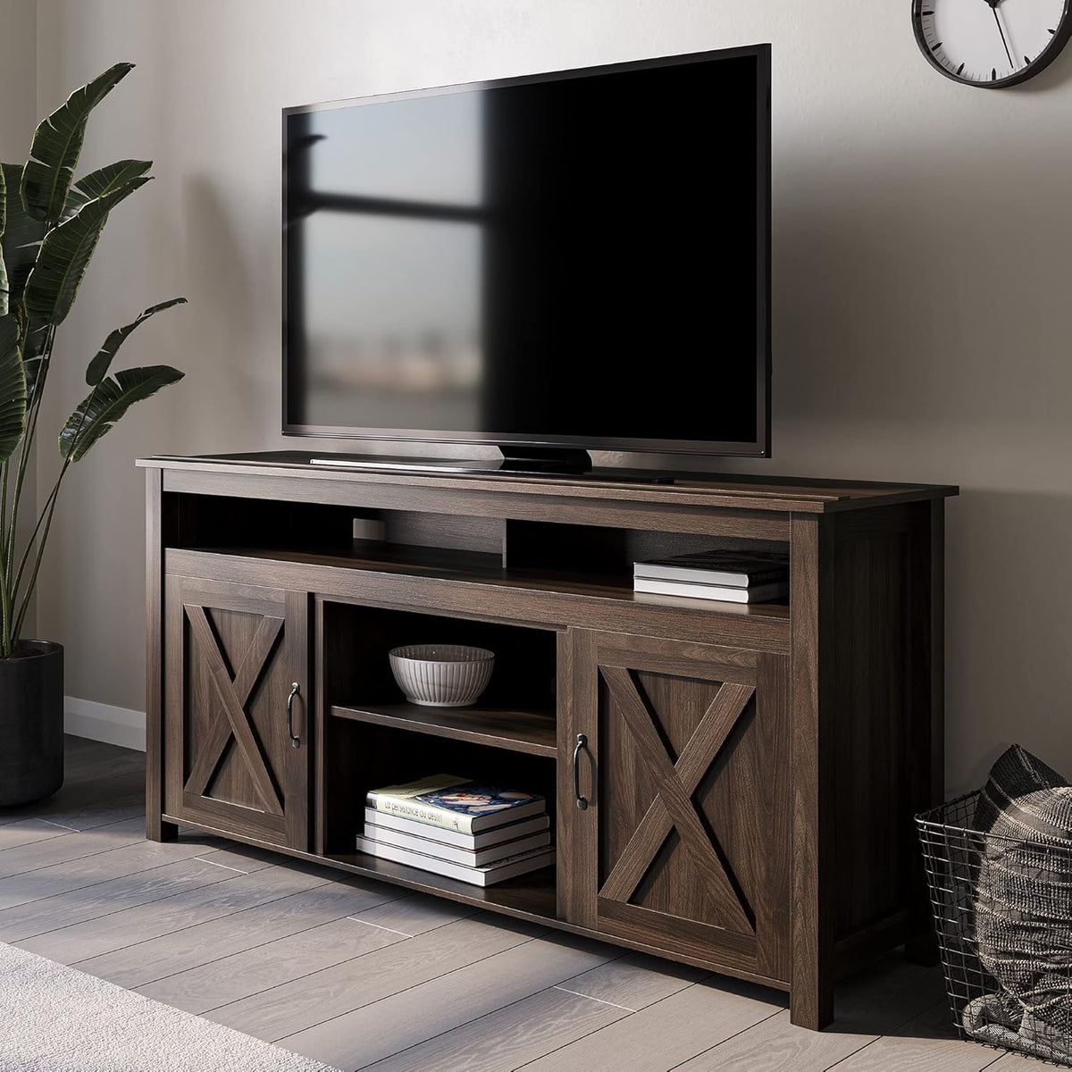 Barn Door Wood TV Stand & Media Console Table with Open Shelves and Cabinets K46514
