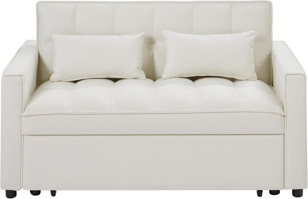 Ivory Velvet 2 Seater Convertible Loveseat Sleeper Sofa with Pull-Out Bed Q84581