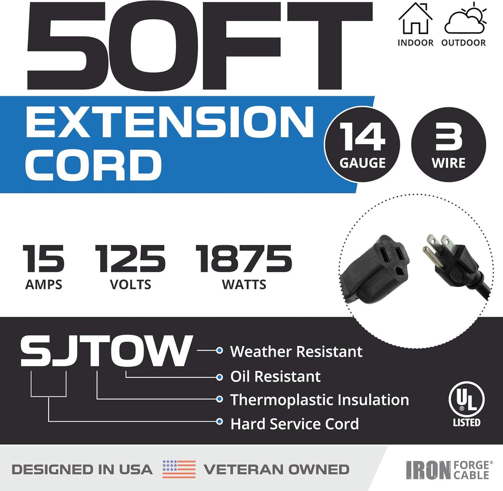 Black Oil Resistant 25 Ft Extension Cord 14/3 SJTOW Pack of 2 C17757