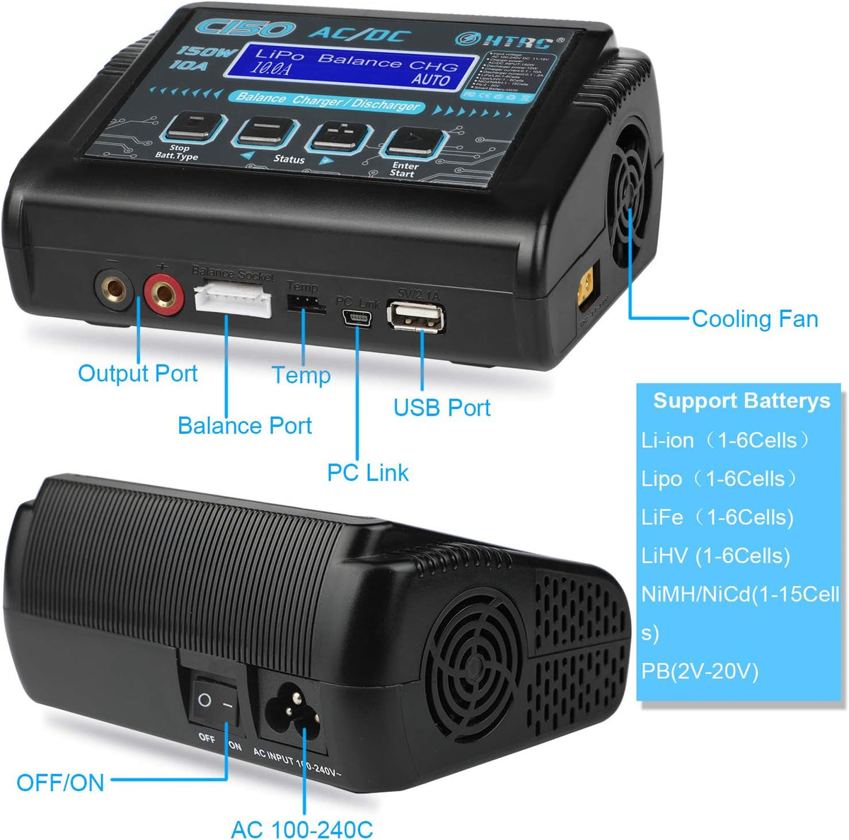150W 10A 1-6S AC/DC LiPo Battery Balance Charger E8162