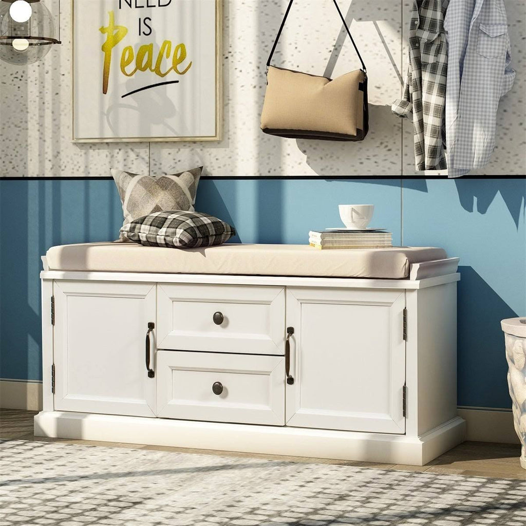 White Storage Bench with 2 Drawers and 2 Cabinets P7590