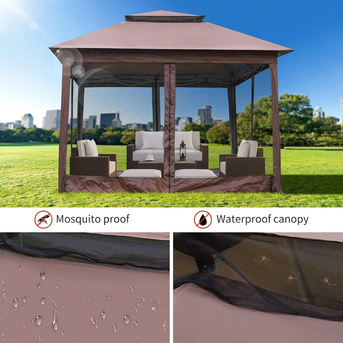 10'x10' Brown Pop Up Gazebo with Mosquito Netting Double Roof T9995