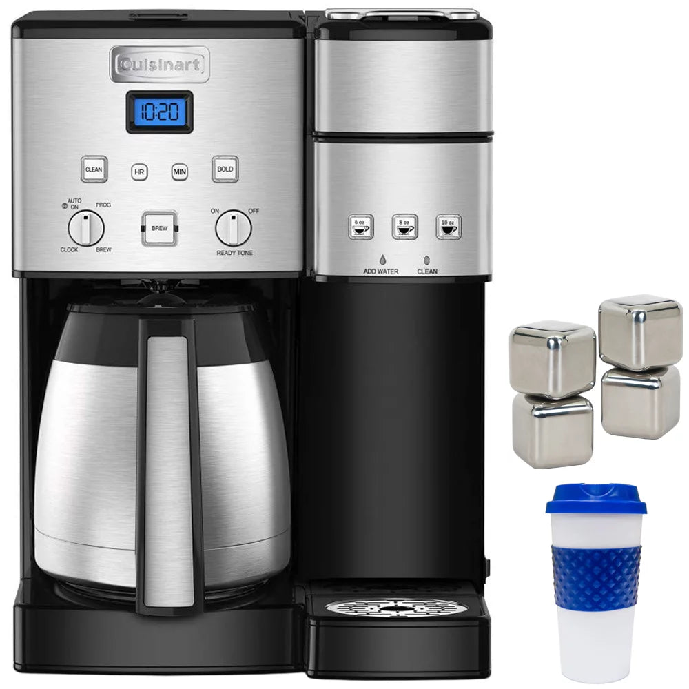 10-Cup Thermal Single-Serve Coffeemaker Silver Bundle with Stainless Steel Ice Cubes and 16-Ounce Travel Mug P735