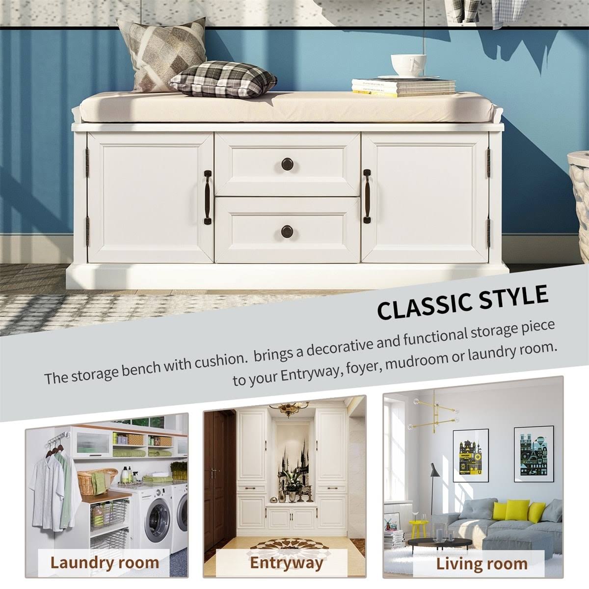 White Storage Bench with 2 Drawers and 2 Cabinets P7590