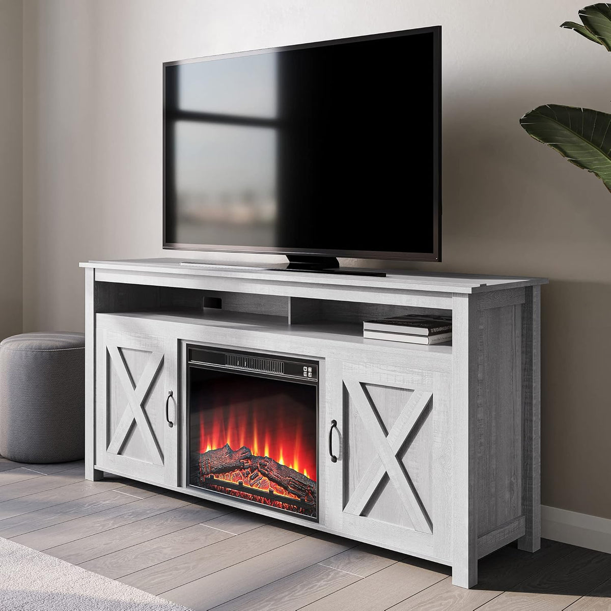Barn Door Wood TV Stand & Media Console Table with Open Shelves and Cabinets K46514