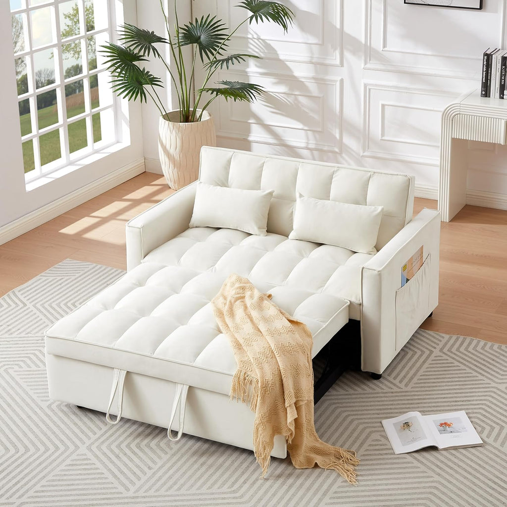 Ivory Velvet 2 Seater Convertible Loveseat Sleeper Sofa with Pull-Out Bed Q84581