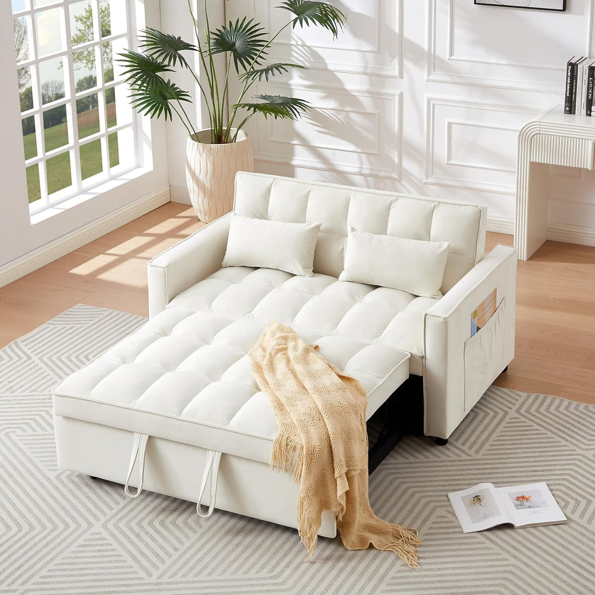 Ivory Velvet 2 Seater Convertible Loveseat Sleeper Sofa with Pull-Out Bed Q84581