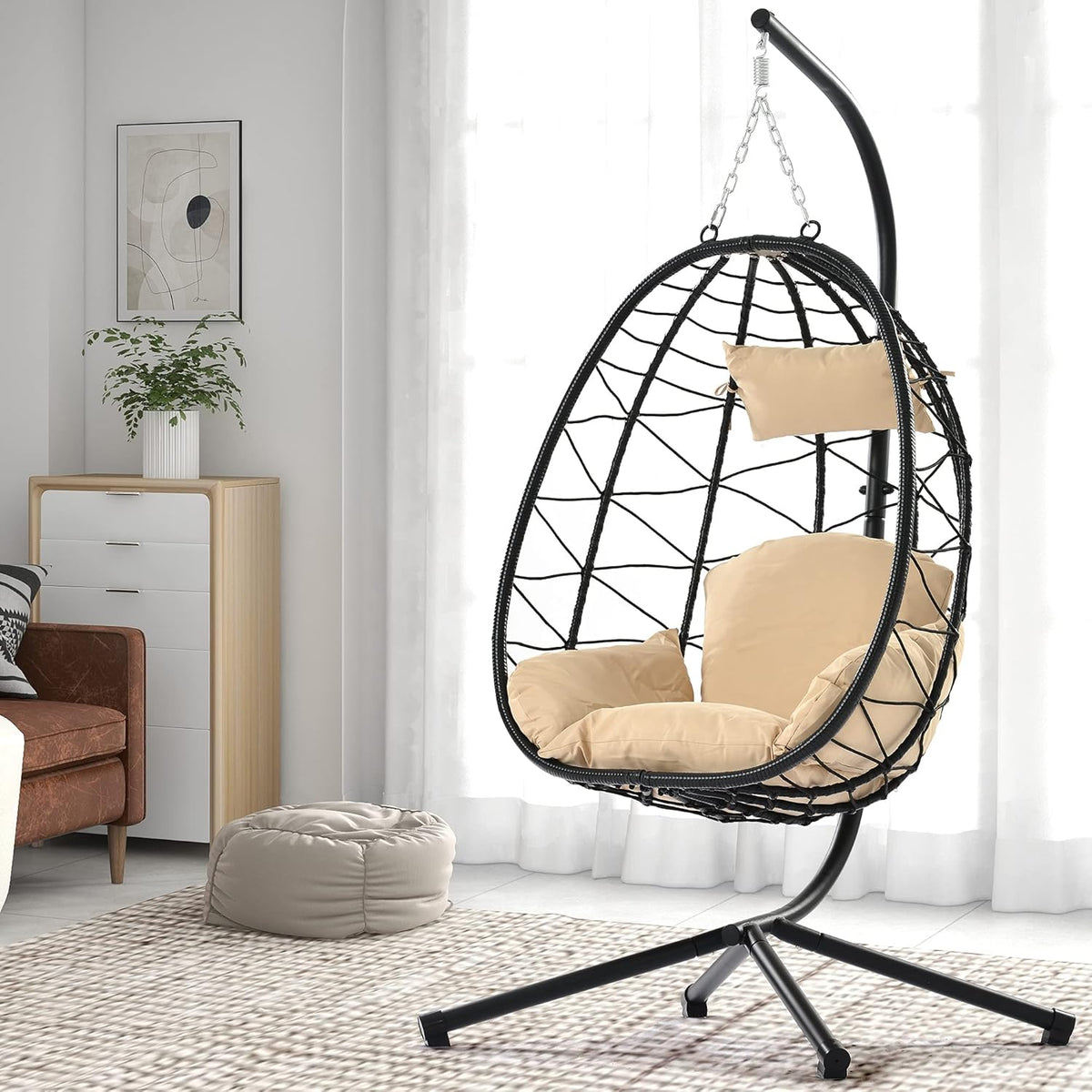 Egg Chair with Stand, Rattan Hanging Chair with Cushion O216