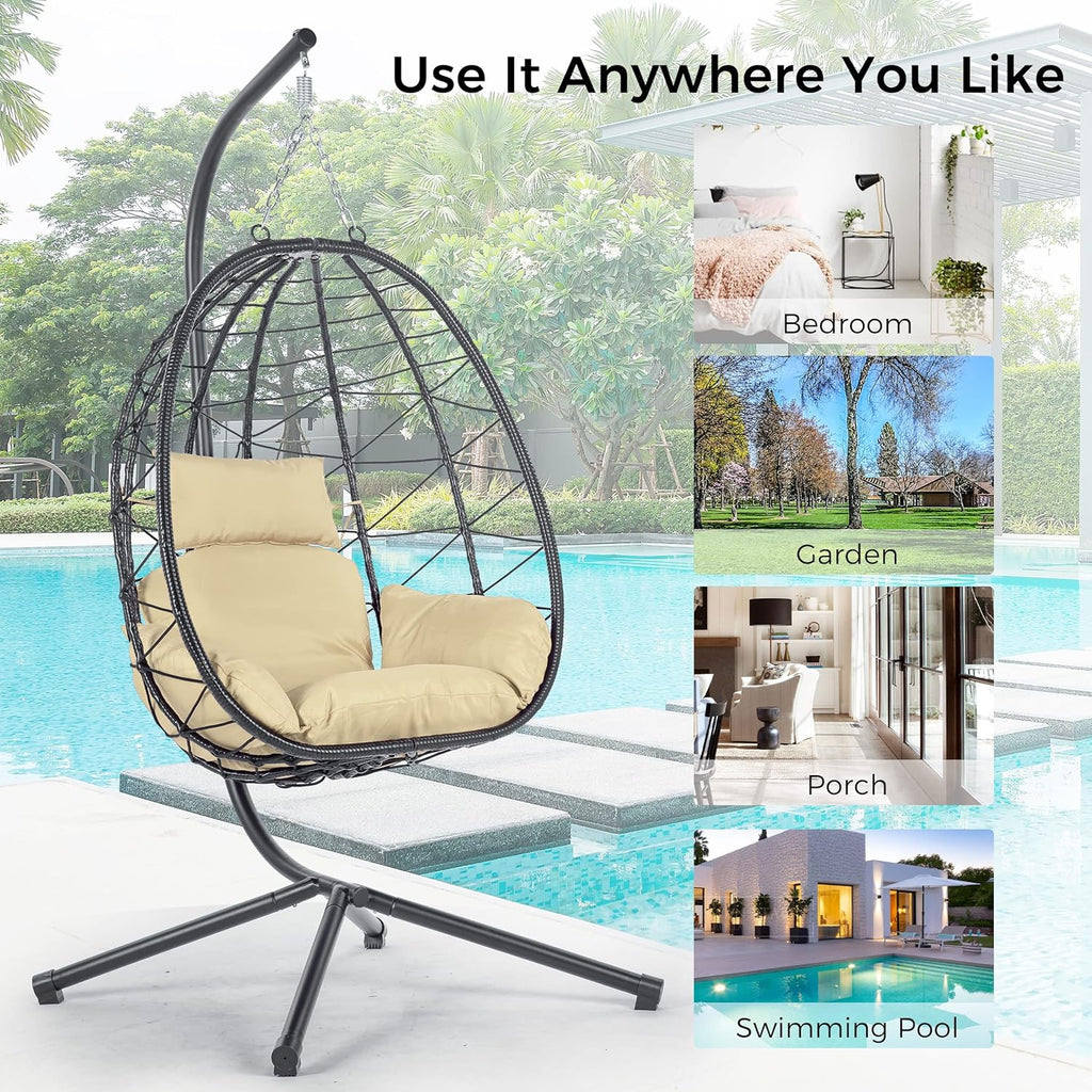 Egg Chair with Stand, Rattan Hanging Chair with Cushion O216