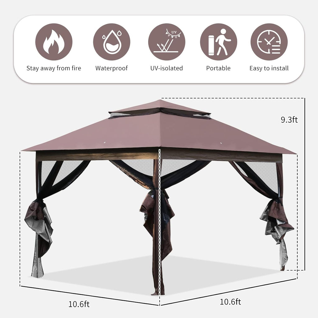 10'x10' Brown Pop Up Gazebo with Mosquito Netting Double Roof T9995