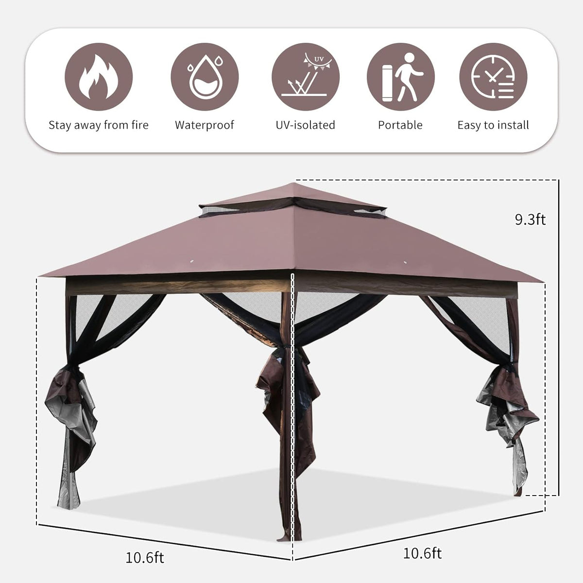 10'x10' Brown Pop Up Gazebo with Mosquito Netting Double Roof T9995