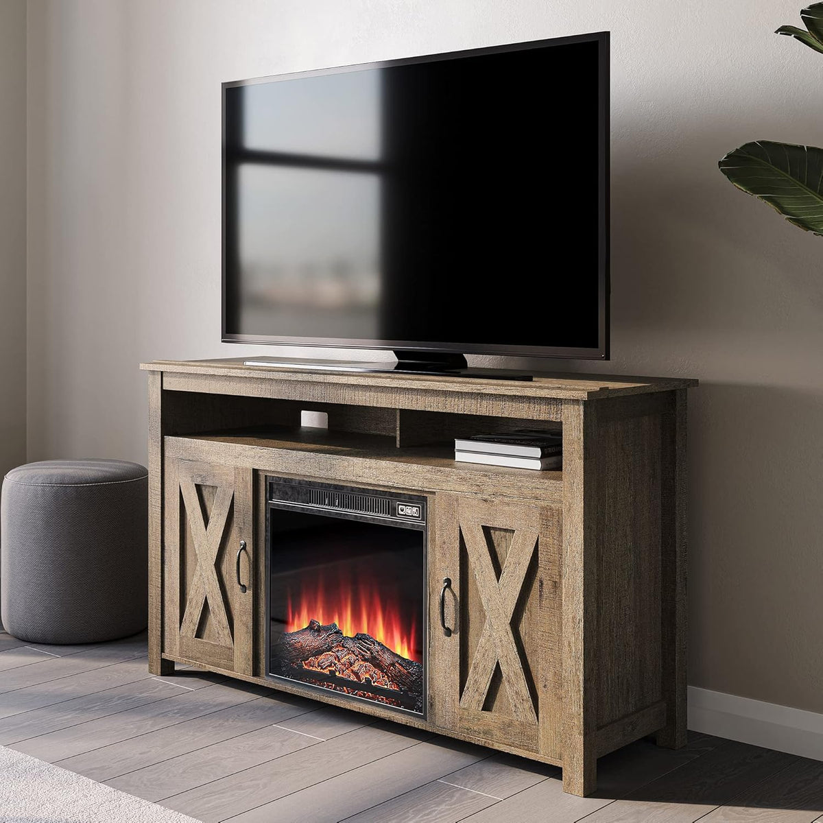 Barn Door Wood TV Stand & Media Console Table with Open Shelves and Cabinets K46514