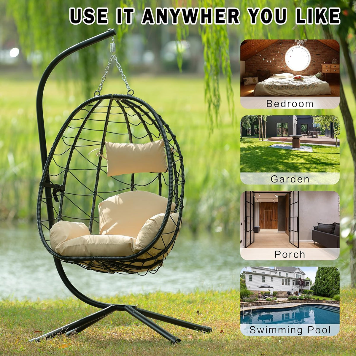 Egg Chair with Stand, Rattan Hanging Chair with Cushion O216
