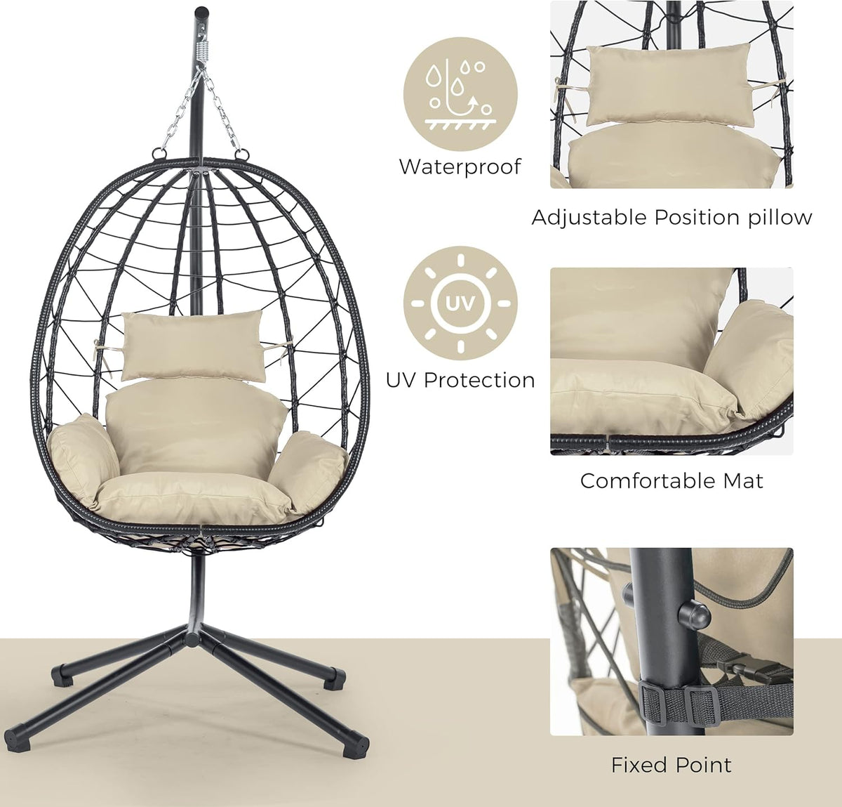 Egg Chair with Stand, Rattan Hanging Chair with Cushion O216