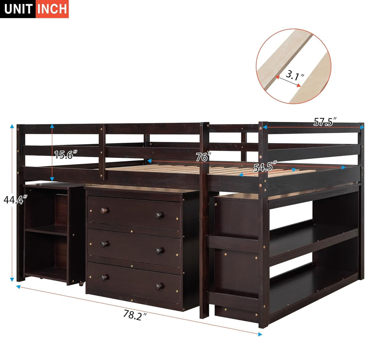 Full Size Low Loft Bed Wood with Storage Cabinet Desk Brown N6895