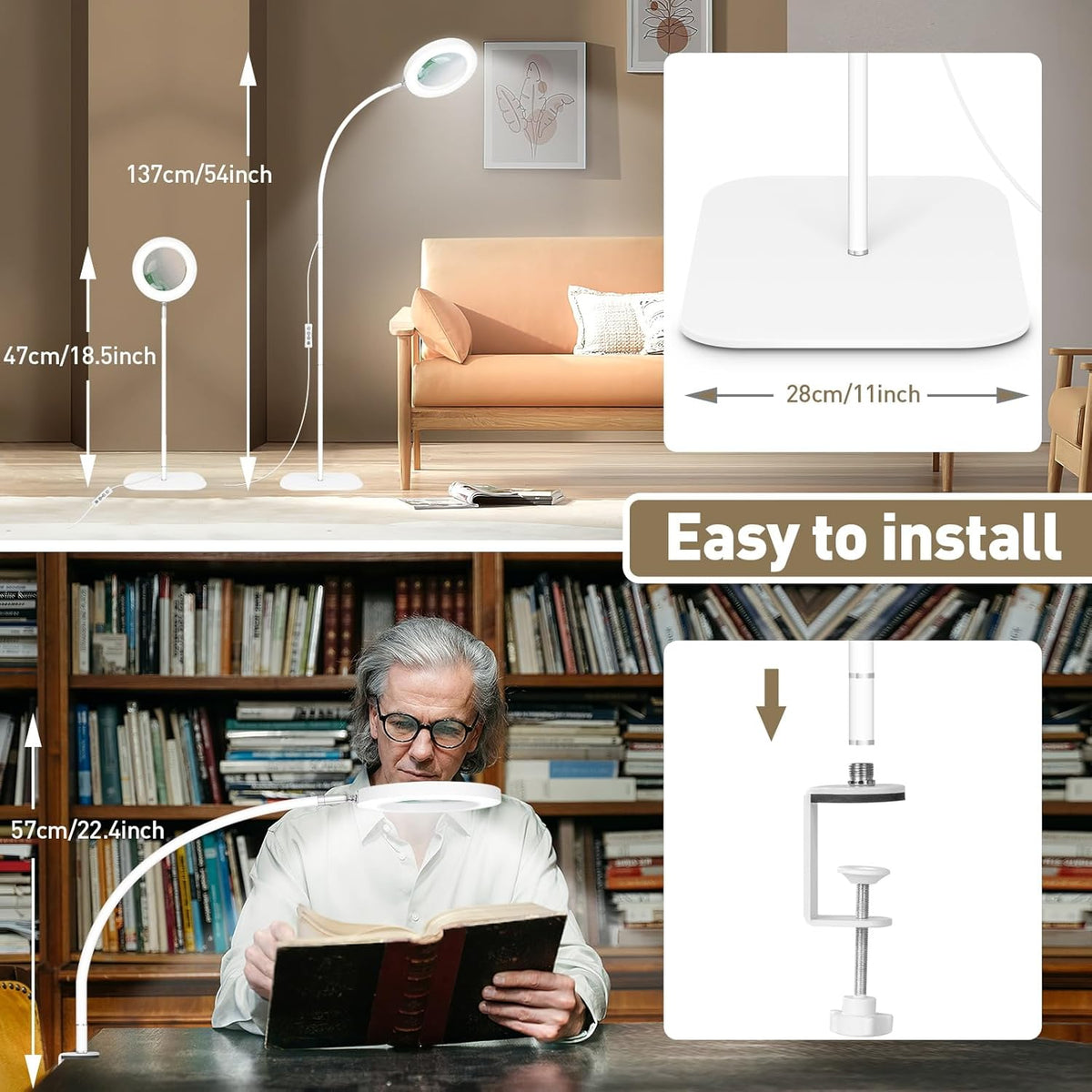 3 in1 Flexible Gooseneck Magnifying Floor Lamp with Light and Stand W93948