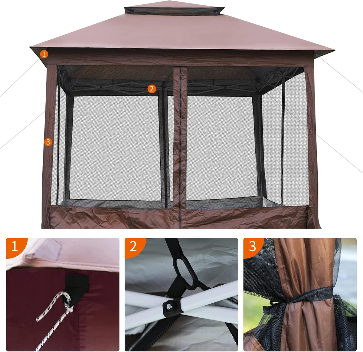 10'x10' Brown Pop Up Gazebo with Mosquito Netting Double Roof T9995